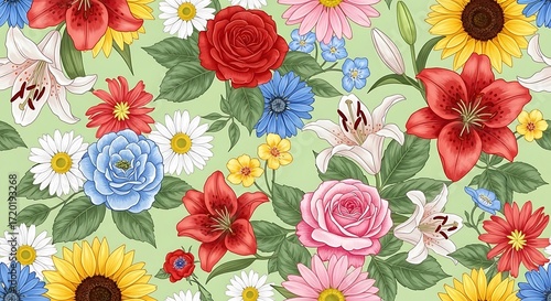 Wallpaper Mural A vibrant floral pattern showcasing a multitude of colorful flowers, including roses, lilies, sunflowers, and daisies, set against a light sage green background. Torontodigital.ca