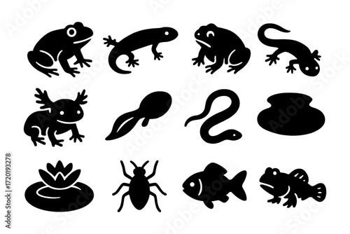 Set of aquatic animal silhouettes: frogs, salamanders, fish, tadpoles, and more