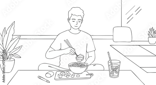 A minimalist black and white line drawing of a young man peacefully eating an Asian meal with chopsticks at home