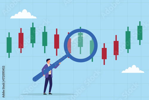 Vector illustration of a businessman examining a candlestick chart with a large magnifying glass, representing stock market analysis, financial research, and investment strategy
