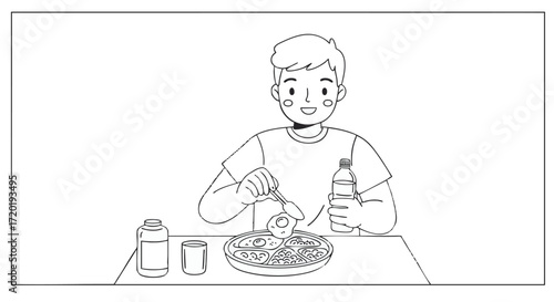 Line art illustration of a cheerful young man enjoying a balanced and nutritious meal with a refreshing drink at a table, promoting healthy eating and mindful dining habits