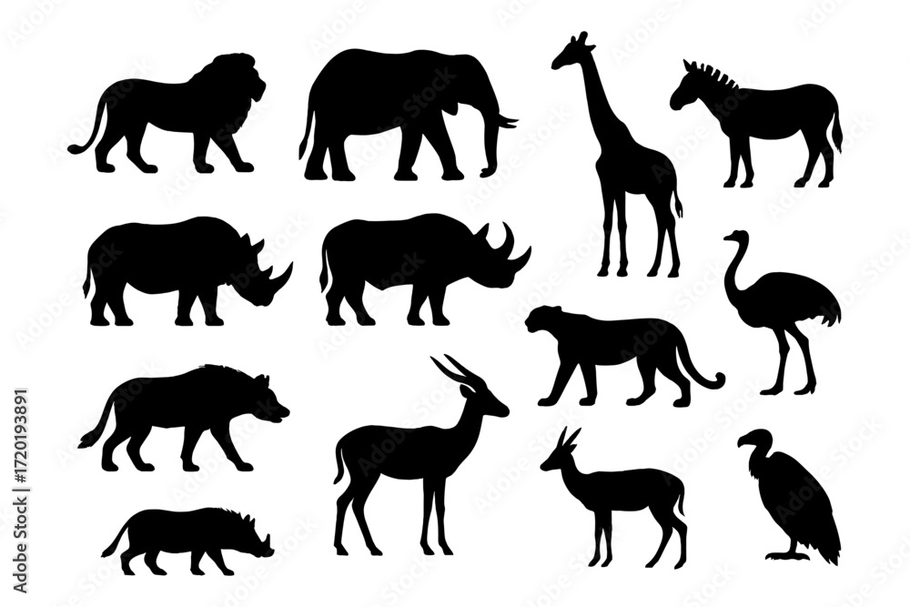 Fototapeta premium Wildlife silhouette collection: african safari animal shapes in black