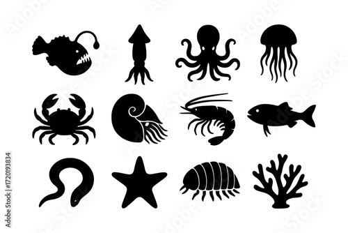 Silhouette marine life icons set featuring sea creatures and coral