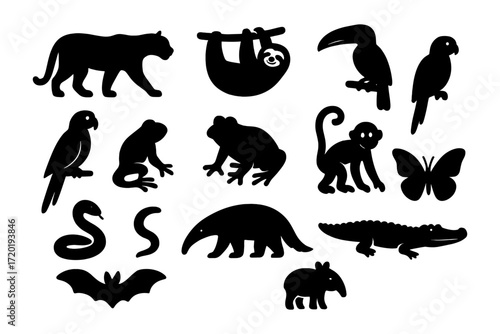 Silhouette collection of jungle animals: birds, reptiles, mammals, and insects