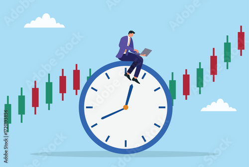 Vector illustration of a businessman sitting on a clock, using a laptop to calculate the stock market, symbolizing time management, finance, and investment strategy
