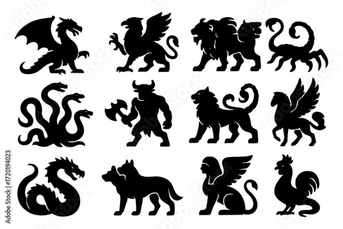 Silhouette mythical creatures collection: dragons, griffins, and more