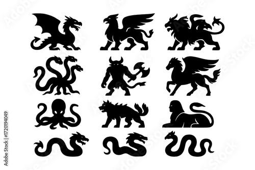 Mythical creature silhouettes: dragons, griffins, and more legendary beasts