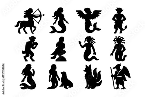 Mythical creature silhouettes: centaur, mermaid, satyr, and more