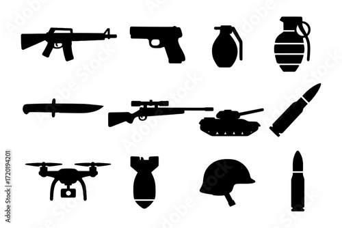 Military silhouettes: weapons and equipment icons for tactical design