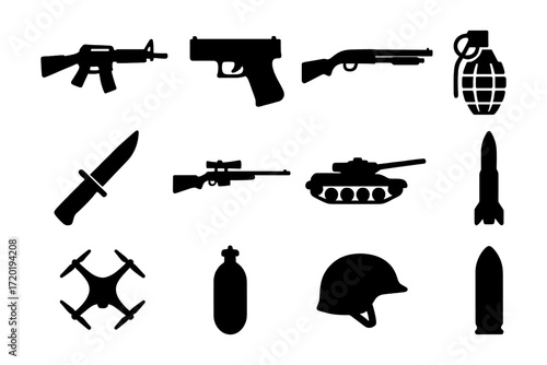 Silhouette icons of military equipment and weapons collection