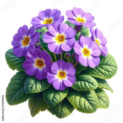 Vibrant purple primroses with lush green leaves, showcasing detailed botanical illustrations in a close-up composition against a dark background.