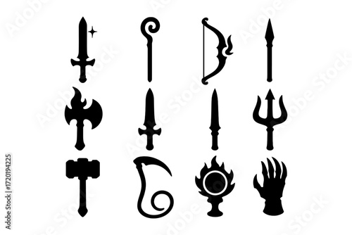 Collection of fantasy weapon silhouettes featuring swords, axes, and magical items