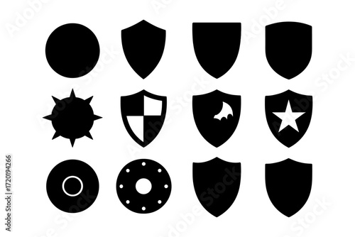 Black silhouette shield icons collection set with various designs and shapes