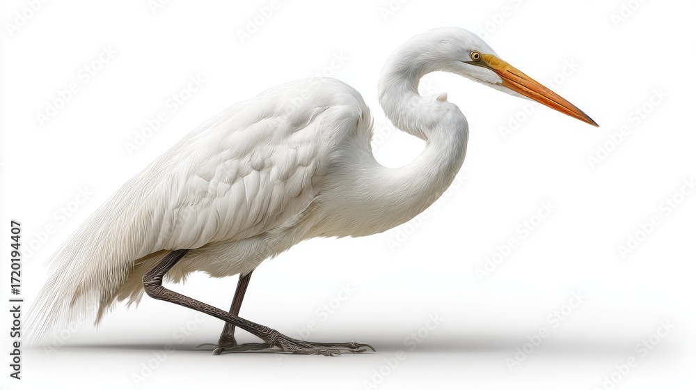 Fototapeta premium Great white heron bird standing tall isolated on transparent background with elegant plumage and long neck waterfowl illustration for wildlife design and nature conservation projects