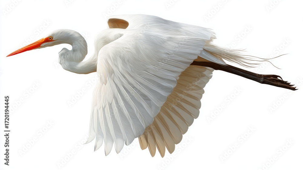 Fototapeta premium Great white heron bird standing tall isolated on transparent background with elegant plumage and long neck waterfowl illustration for wildlife design and nature conservation projects