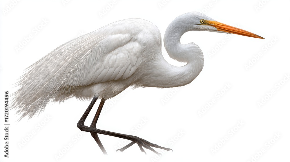 Fototapeta premium Great white heron bird standing tall isolated on transparent background with elegant plumage and long neck waterfowl illustration for wildlife design and nature conservation projects