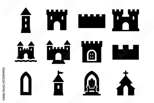 Set of medieval castle silhouettes and fortress icons