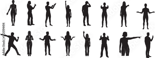 Collection of human silhouettes in various poses and gestures people woman