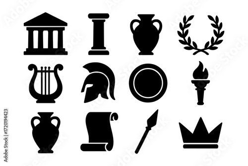 Ancient greek icon set: silhouettes of helmets, vases, columns, and more