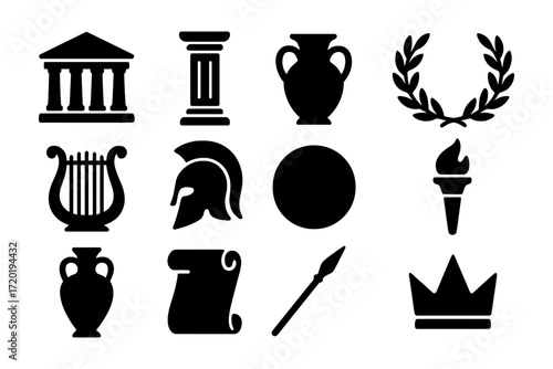 Silhouette icons of ancient greek culture and symbols