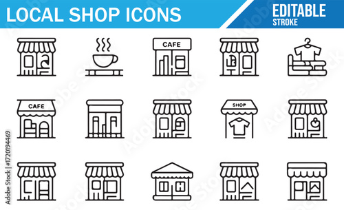 Simple Icon Collection Depicting Local Shops, Stores, and Businesses