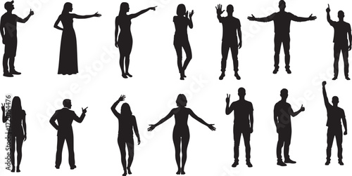 Collection of human silhouettes with various gestures and poses people woman