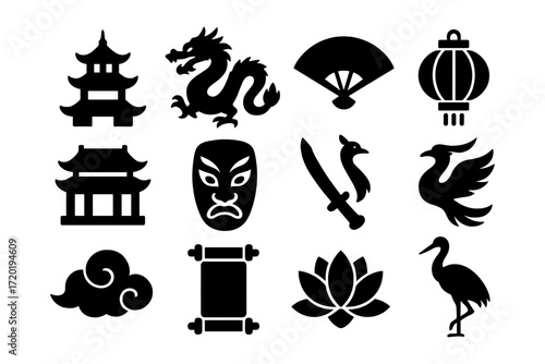 Traditional asian symbols: silhouette icons of culture and mythology