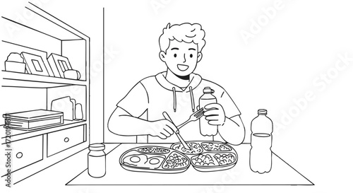 A young person happily eating a meal and drinking from a water bottle at a table with shelves in the background