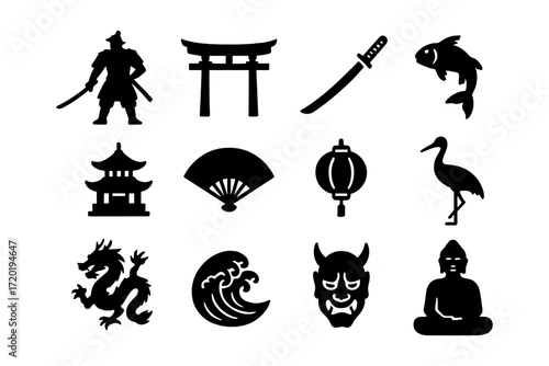 Japanese culture icons: samurai, pagoda, wave, and mythical creatures in silhouette