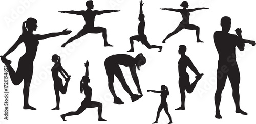Collection of silhouettes of men and women stretching and exercising people woman