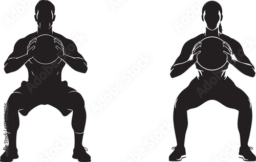 Male and female silhouettes performing medicine ball squats side by side woman exercise