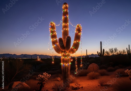 A saguaro cactus in the desert at dusk, decorated with colorful christmas lights, offering a unique southwestern holiday display