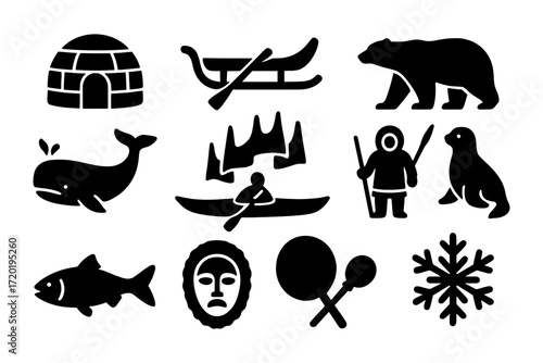 Arctic icons set: inuit culture, wildlife, and winter sports in bold silhouettes