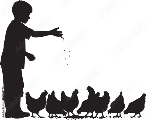 Silhouette of a boy feeding chickens with scattered seeds on a background child