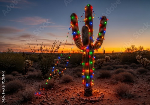 A saguaro cactus in the desert at sunset, adorned with colorful christmas lights, creating a unique holiday scene in the american southwest
