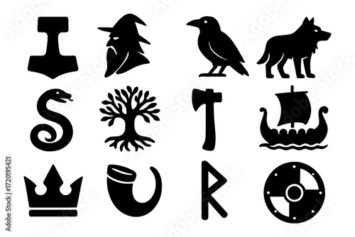 Nordic mythology silhouettes: viking symbols and icons in black