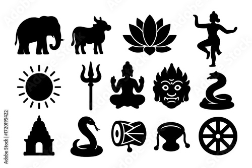 Indian culture symbols: silhouette icons of tradition, deities, and animals