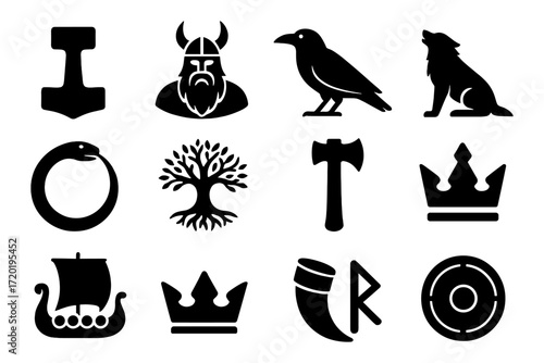 Silhouette icons of norse mythology: thor's hammer, raven, wolf, viking symbols