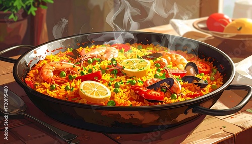 A vibrant Paella dish steaming on a rustic wooden table