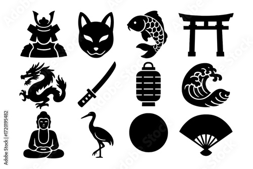 Japanese culture icons: samurai, dragon, koi, torii, and more in silhouette