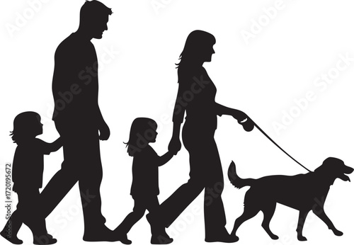 Silhouette of a family with two children and a dog walking together people