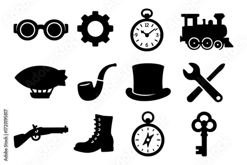 Vintage steampunk silhouette icons of goggles, gears, and more