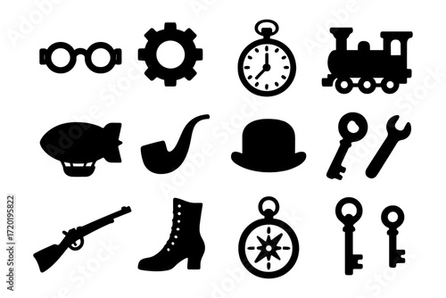 Vintage silhouette icons: timeless gadgets and fashion elements in black