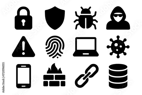 Cybersecurity symbols set featuring icons of protection and threats