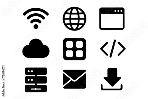 Set of technology icons in black and white for digital and web applications