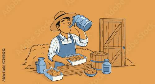 Farmer Taking a Break Refreshing Drink and Harvesting in the Field - Rural Life Illustration