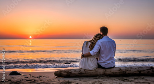 Couple embracing on beach log watching sunset over the ocean horizon