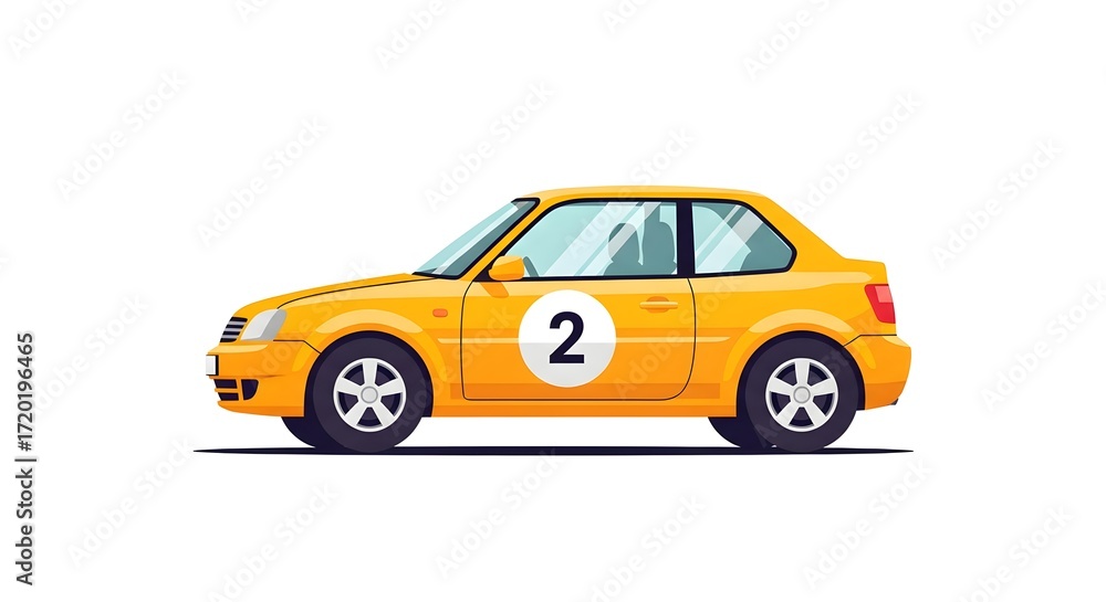 Fototapeta premium Bright yellow compact race car illustration with number 2 on the door, sporty design, side profile, modern wheels, and aerodynamic shape on a white background for racing and automotive concepts