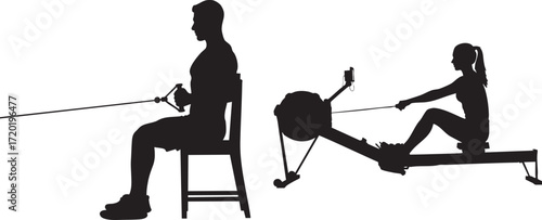 Silhouette of a man sitting on a chair pulling a cable and a woman on a rowing machine vector