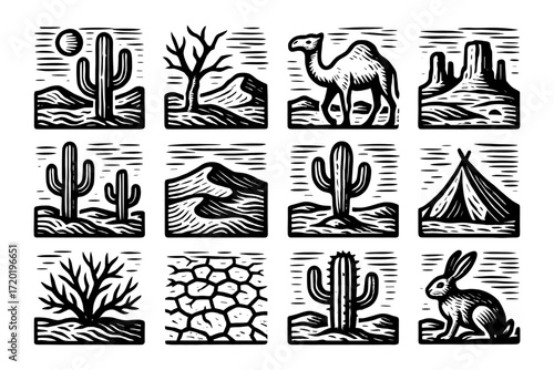 Desert wildlife and nature icons in vintage woodcut style